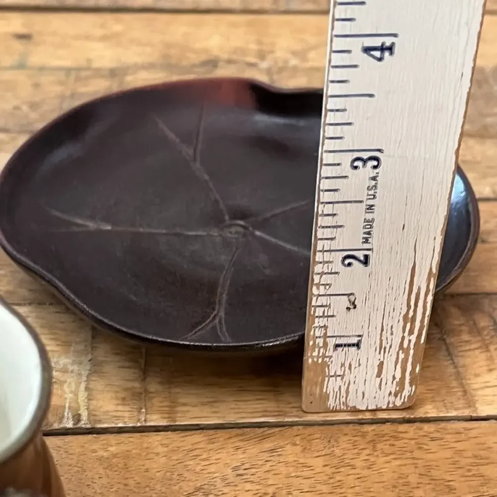 Japanese Pottery Ceramic Tea Cup & Plates 3 Piece Dark Brown Glaze Lotus Leaf